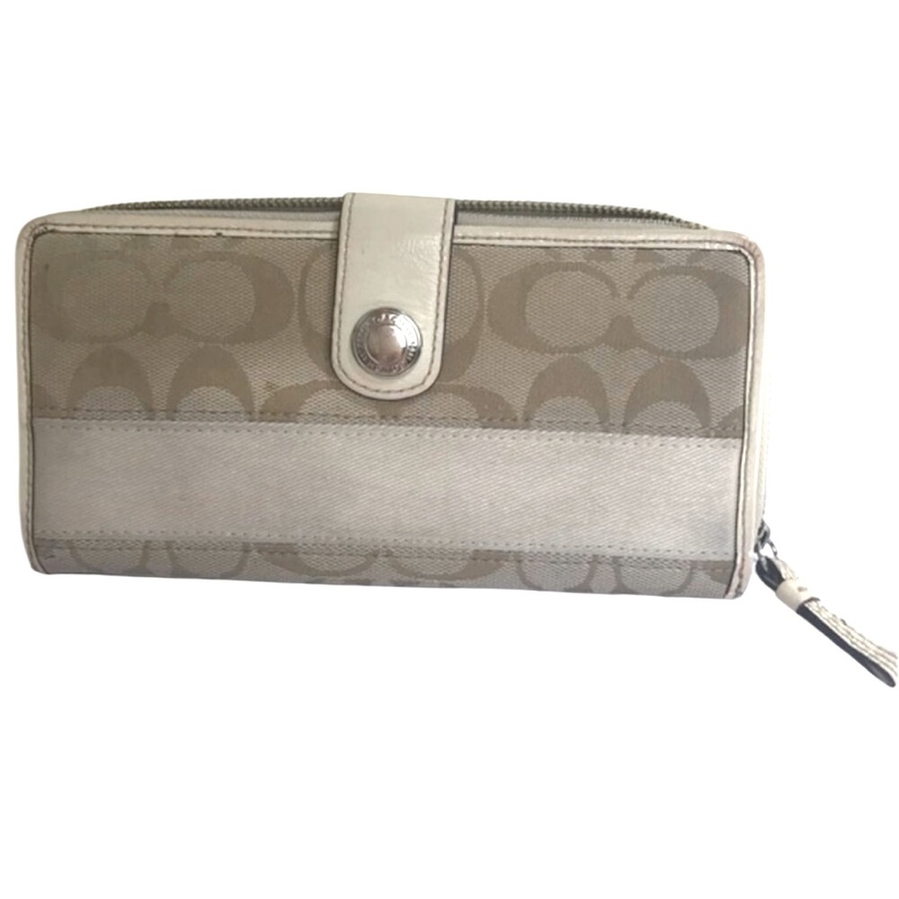 Coach Signature CC Zippy Long Zipper Around Wallet Leather Tan Canvas Organizer
